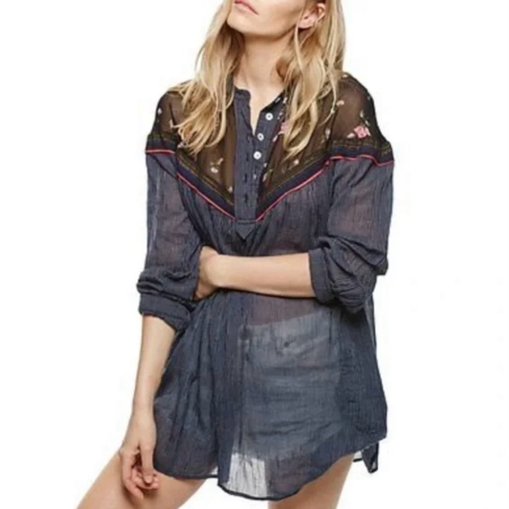 Free People Sheer Black Blouse with Embroidered Details